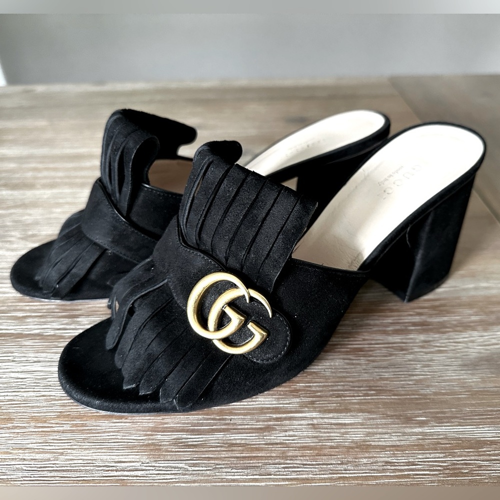 GUCCI GG fringe block heel sandals slides size 40
